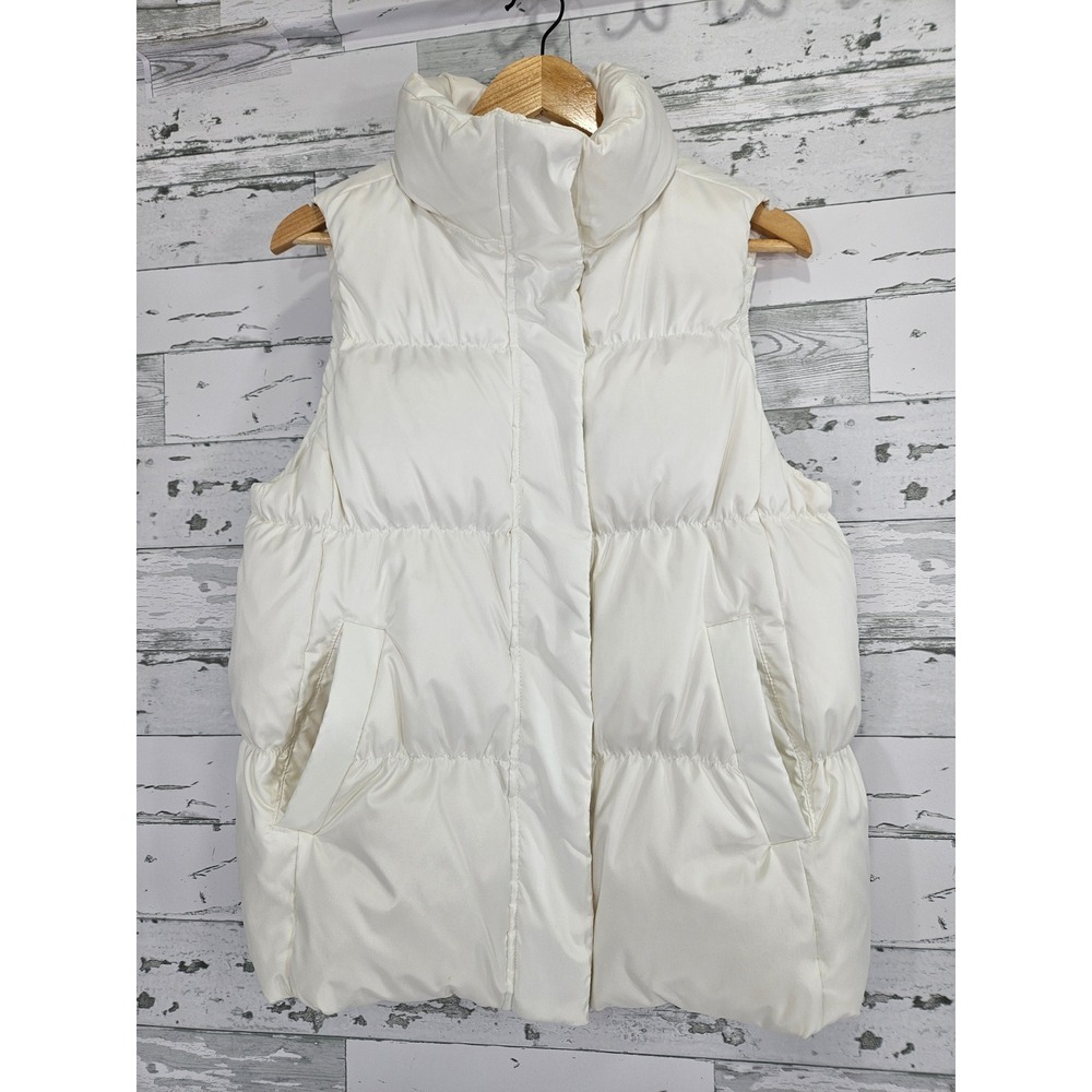 Gap Womens Off White Down Puffer Vest Large Sleeveless Full Zip Snap Cozy